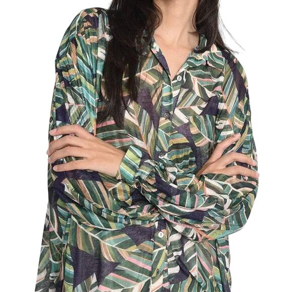 Molly Bracken Green Aloha Print Long Balloon Sleeve Button Up Relaxed Flared Top - Picture 3 of 13